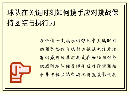 球队在关键时刻如何携手应对挑战保持团结与执行力